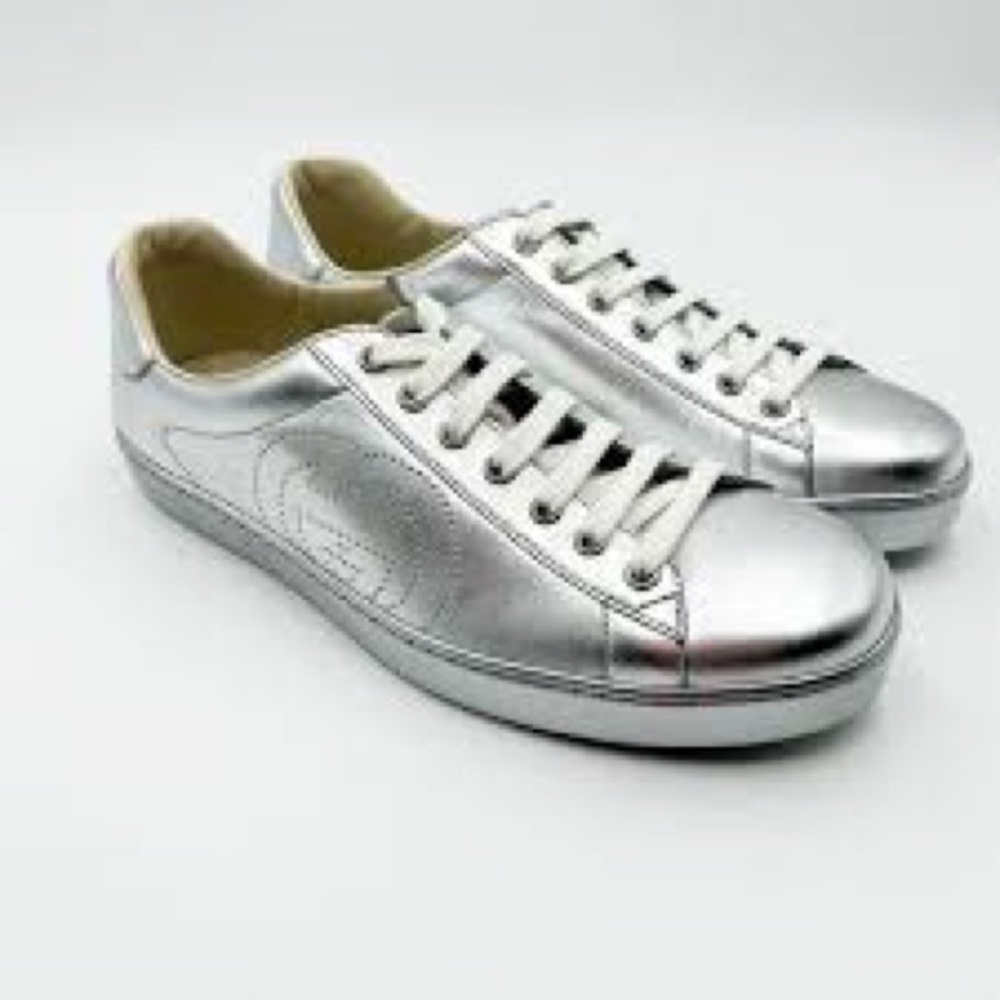 Men’s Authentic Gucci Interlocking G Leather Silver Lace Up Sneakers Size 15 - Picture 1 of 8